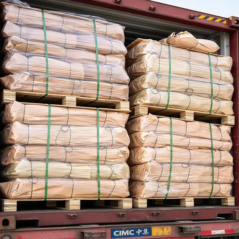 Loaded container with pallets of kraft paper sacks strapped for shipment