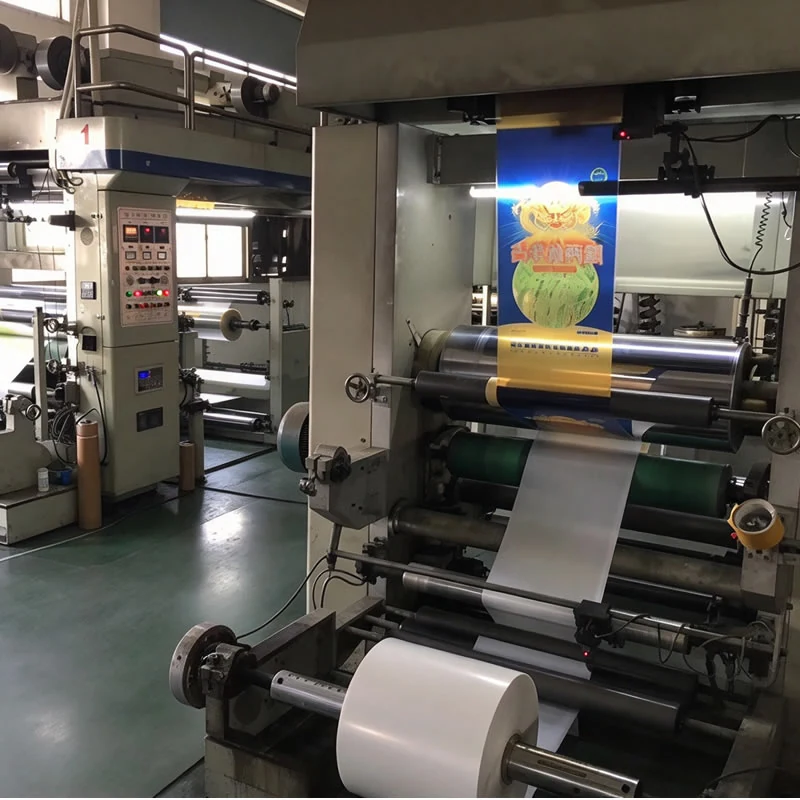 Flexo printing unit with a lion printed bag web on the chill roll