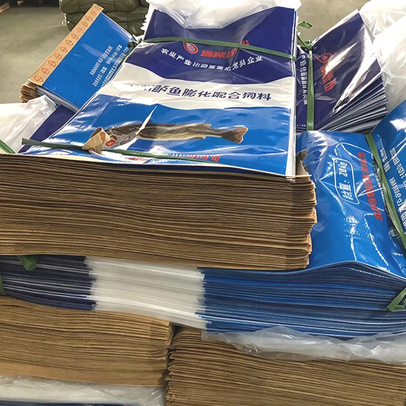 Heavy stacks of printed fish feed bags with kraft paper valve sacks