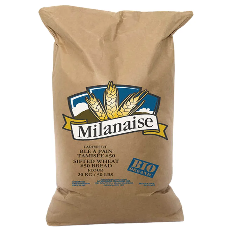 20kg Milanaise sifted wheat bread flour bag in 3-ply kraft paper with organic print
