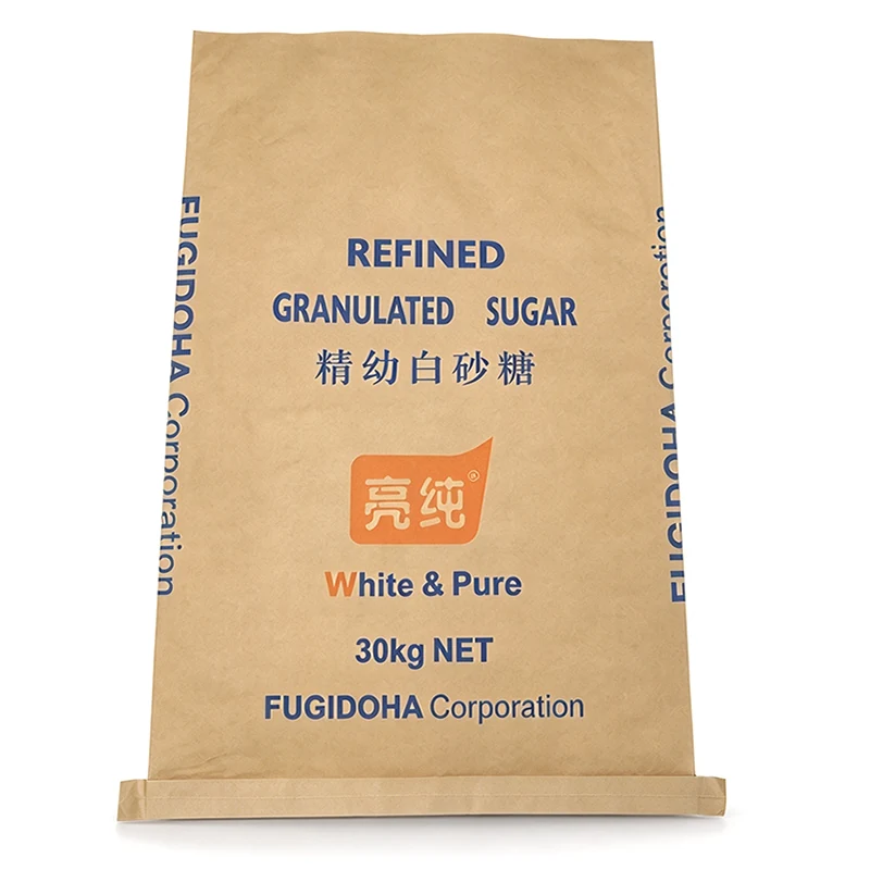 30kg refined granulated sugar bag in printed multi-wall kraft paper, sewn open mouth