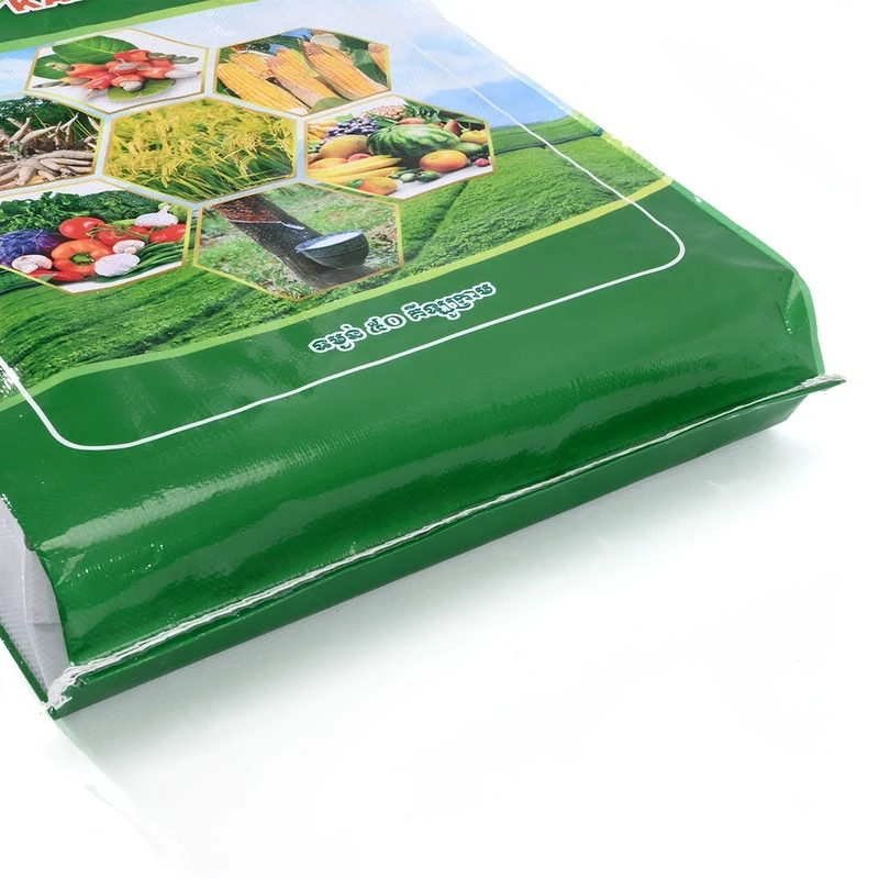 Corner of a BOPP laminated PP woven fertiliser bag with gloss print